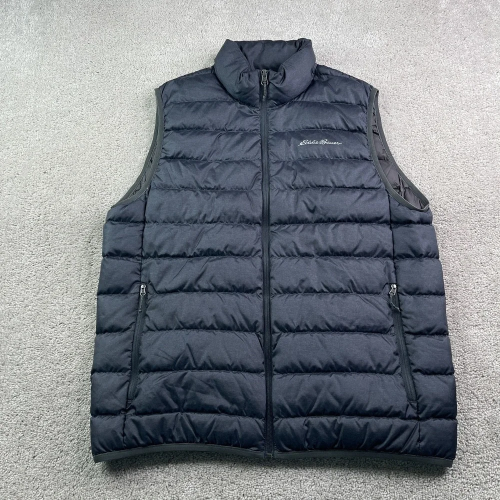 Eddie Bauer Vest‎ Mens Medium Grey Puffer Down EB650 Full Zip Quilted Pockets